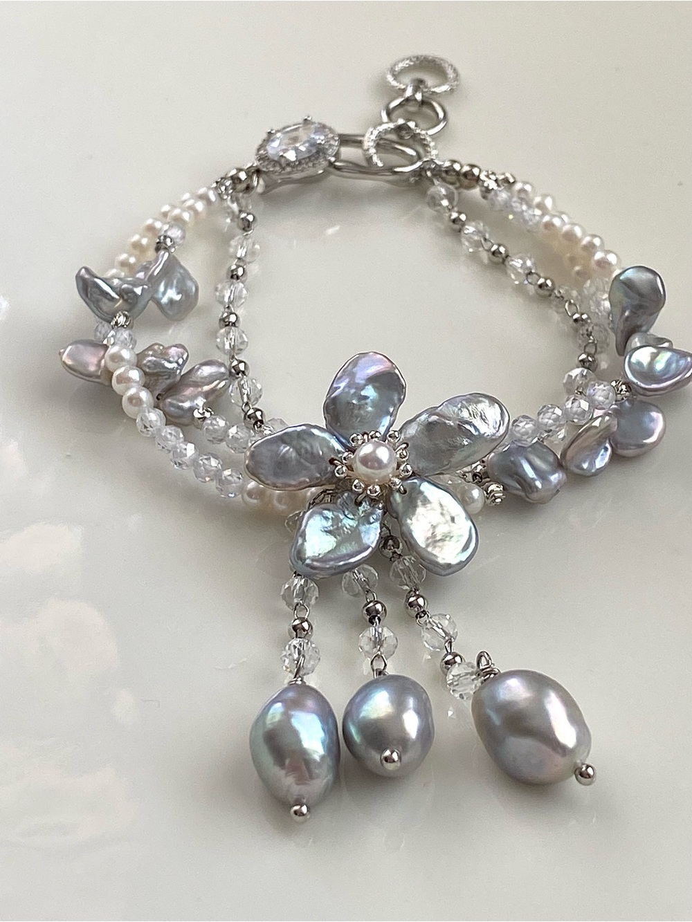 B183-Handmade Silver Pearl Flower And Baby Pearl Triple Braided Bracelet